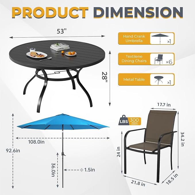 Incbruce 8 PCS Patio Dining Set with Sky Blue Umbrella, Outdoor Dining Set of 6 Textilene Chairs and 53" Round Table with Umbrella Hole for Backyard, Garden, and Poolside (Brown)