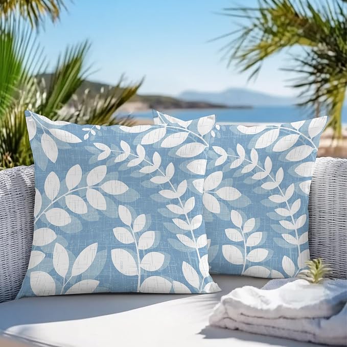 Sky Blue Leaves Outdoor Waterproof Throw Pillow Covers 24x24 Set of 2, Farmhouse Botanical Branch Vintage Boho Leaf Decorative Pillowcases Cushion Pillowcase for Couch Sofa Patio Pillow Protector