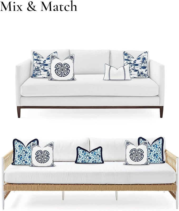Hofdeco Premium Coastal Hampton Style Patio Indoor Outdoor Throw Pillow Cover Only, 18"x18" Water Resistant for Backyard, Couch, Navy Blue Embroidered Longevity Symbol