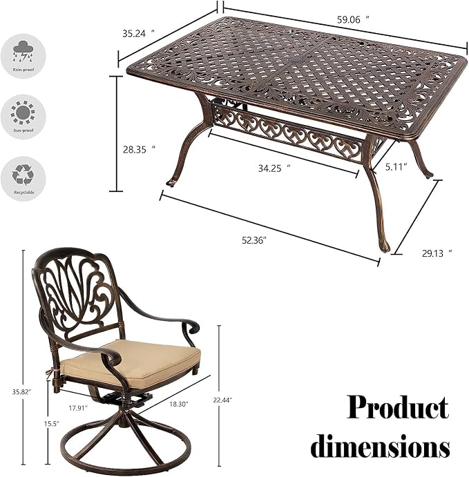 Grepatio 7 Piece Cast Aluminum Outdoor Dining Set, Patio Furniture Set with 2“ Umbrella Hole and 4 Chair & 2 Swivel Chairs with Cushions, Dining Furniture Set for Porch Poolside Garden (Khaki)