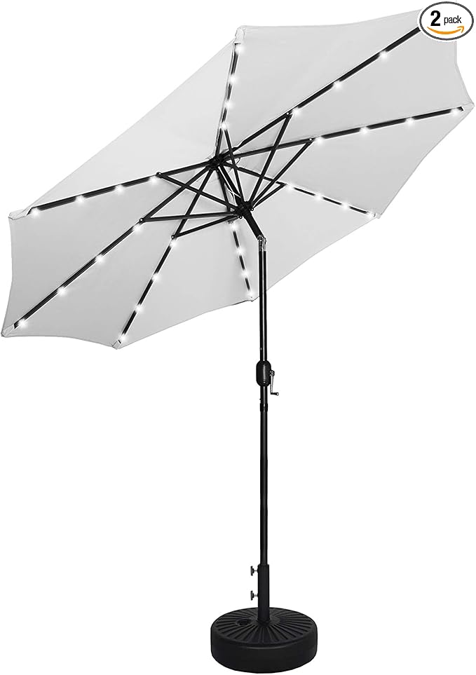 WO Home Furniture 9 Ft Patio Solar Power LED Lights Market Umbrella with Black Color Round Free Standing Weight Base kit, White