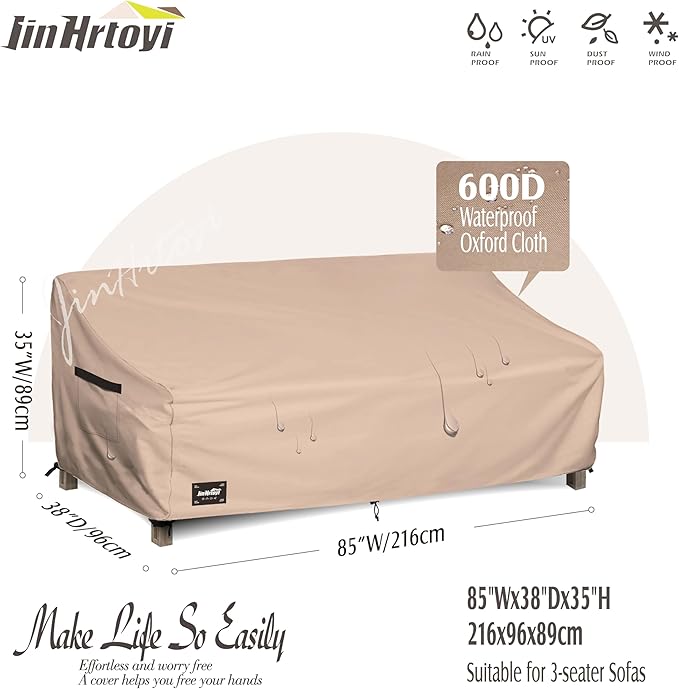 3-Seater Outdoor Couch Cover, 85Wx38Dx35H inches Outdoor Furniture Covers Waterproof,100% Waterproof Heavy Duty Patio Furniture Covers,Light Brown Minimalism Style Outdoor Sofa Cover