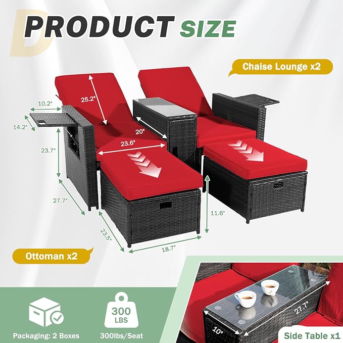 LVUYOYO 5 Piece Patio Furniture Set, Patio Wicker Conversation Set with Ottoman, Outdoor Chaise Lounge Chair with Side Table & Adjustable Backrest for Pool Backyard Garden (Black Wicker Red Cushion)