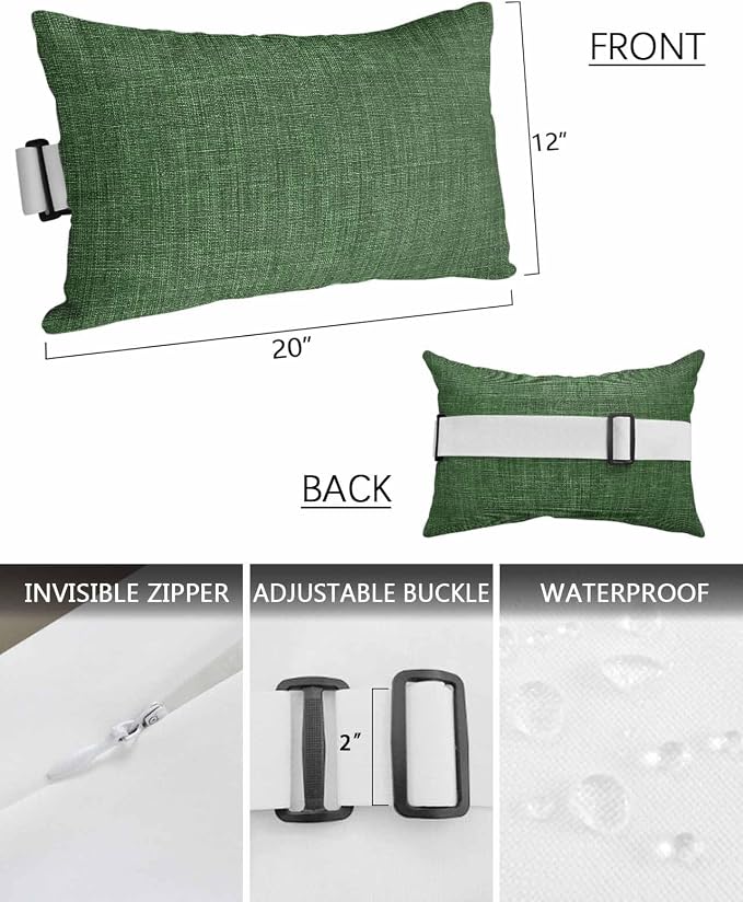 Outdoor Pillow for Chaise Lounge Chair Green Rustic Vintage Burlap Texture Outdoor Pillows Waterproof with Adjustable Strap Headrest Lumbar Pillows for Garden Patio Furniture 2 Pack 12" x 20"