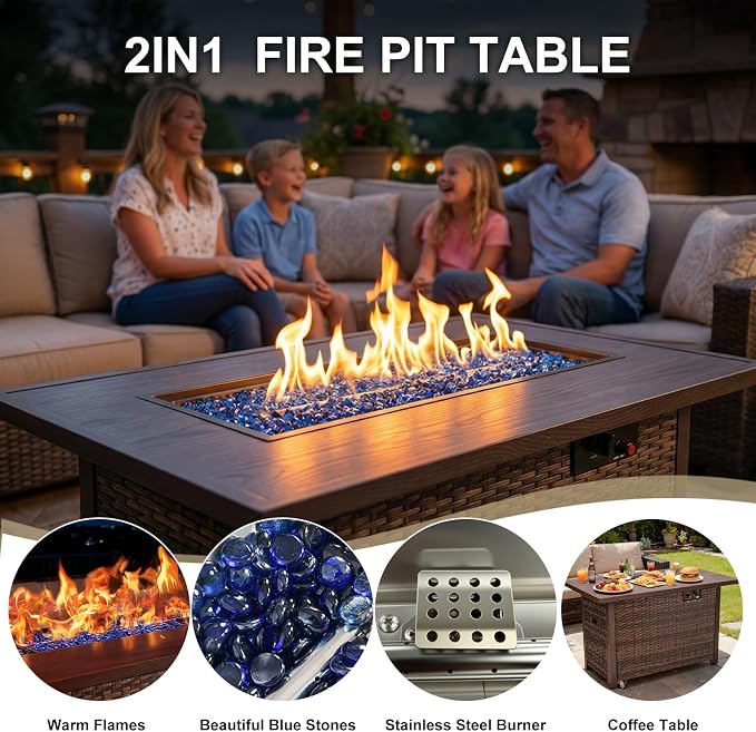 5 Pieces Patio Furniture Set with Fire Pit Table, Outdoor PE Rattan Sectional Sofa with Soft Cushions for Backyard, Porch, and Poolside (Black, 5 PCS w/Firepit)