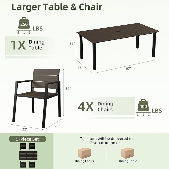 Outdoor Table and Chairs for 4 Aluminum Patio Dining Set with Umbrella Hole | All Weather,HDPS Material,Oversized,5 Piece,for Backyard,Rot-Fade-Crack Proof,Maintenance-Free,Sturdy,Heavy-Duty,Chocolate