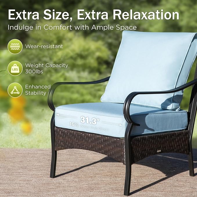 PHI VILLA Patio Furniture Set, Extra Large Wicker & Metal Outdoor Conversation Set Patio Sectional Sofa Set with Waterproof Thick Cushions for Porch, Poolside, Deck(7 Pieces, Blue)