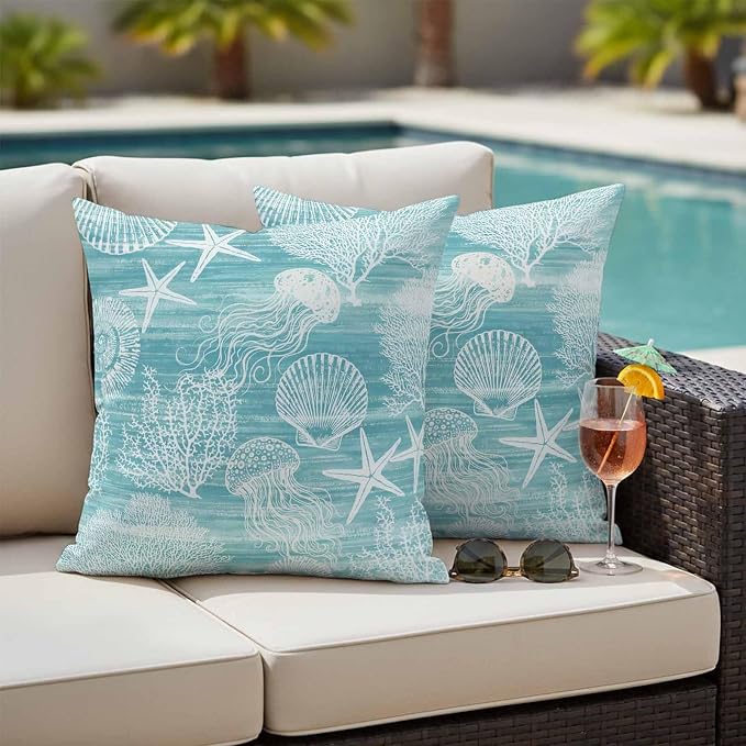 Teal Coastal Outdoor Waterproof Throw Pillow Covers Set of 2, 26"x26", Nautical Starfish Jellyfish Coral Summer Decorative Pillow Covers Outside Cushion Case for Patio Porch Garden