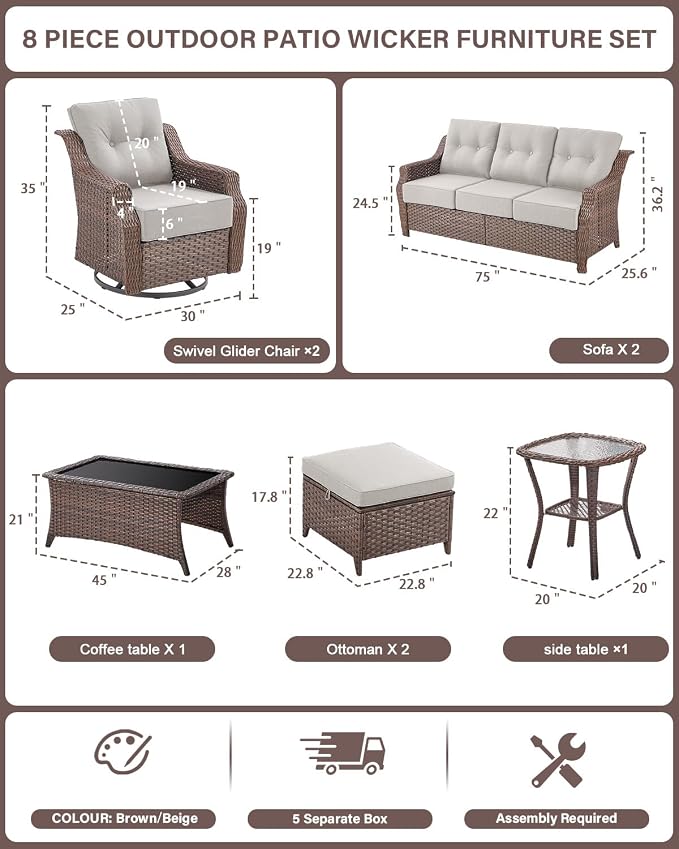 Belord High Back Wicker Outdoor Furniture - 8-Piece Patio Conversation Set with Swivel Rocker Glider Patio Chairs Set of 2 and Rattan Couch, Coffee Table and Ottoman for Lawn Backyard Porch Garden
