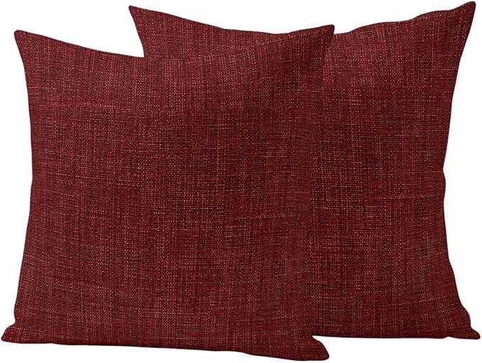 Outdoor Waterproof Throw Pillow Covers Set of 2 Wine Red Linen Pillowcases 24x24 Inches Farmhouse Pure Color Decorative Pillows Cushion Case Patio Pillows for Couch Bed Chair Garden