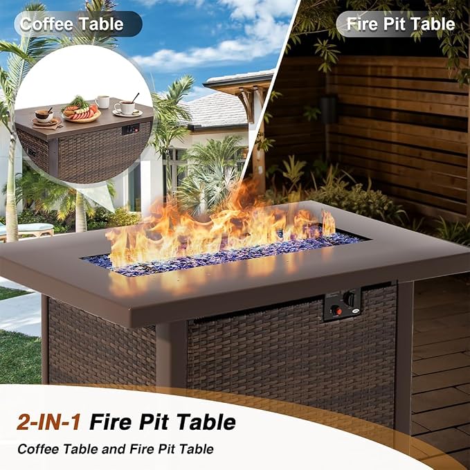 12 Piece Patio Furniture Set with Fire Pit Table, Outdoor Sectional Sofa PE Rattan, Patio Conversation Sets with Cushions for Garden Lawn Balcony Porch Deck Black