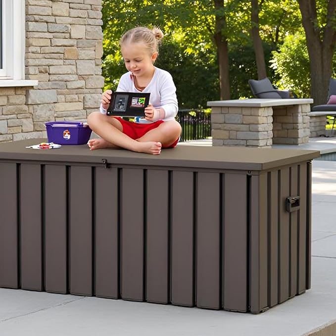 120 Gallon Metal Deck Box, Outdoor Storage Box Waterproof with Wheels, Lockable Storage Container for Patio Furniture Cushions Garden Tools, Dark Brown