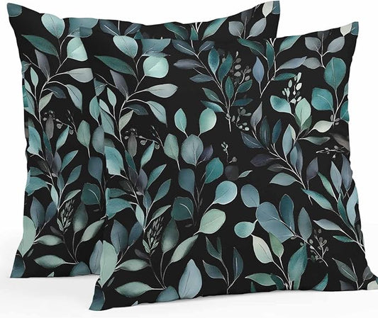 Throw Pillow Covers 20x20 Inch Set of 2, Teal Black Botanical Waterproof Outdoor Pillow Covers, Spring Eucalyptus Leaves Greenery Decorative Cushion Pillowcases for Couch, Sofa, Bed, Garden, Patio