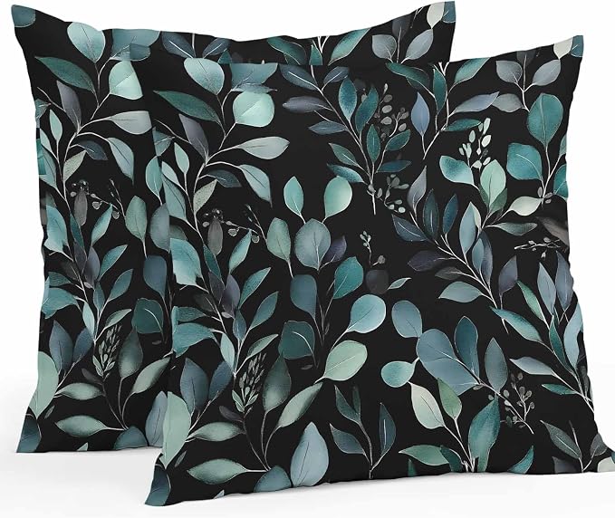 Throw Pillow Covers 26x26 Inch Set of 2, Teal Black Botanical Waterproof Outdoor Pillow Covers, Spring Eucalyptus Leaves Greenery Decorative Cushion Pillowcases for Couch, Sofa, Bed, Garden, Patio
