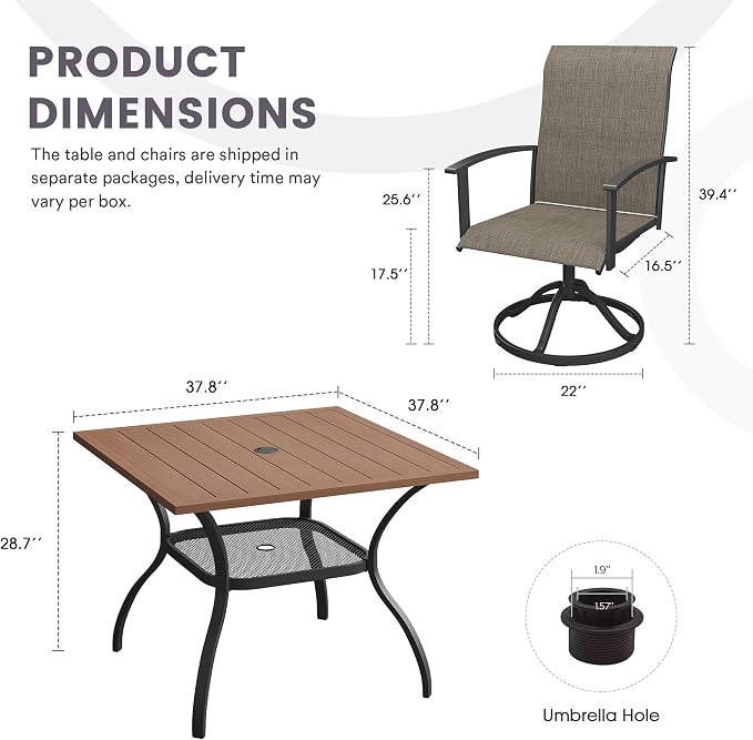 5 Pieces Outdoor Patio Dining Set, 37.8" All Weather Square Metal Table with Umbrella Hole and Storage Shelf, 4 High Back Textilene Swivel Chairs for Garden, Lawn, Walnut Table & Brown Chairs