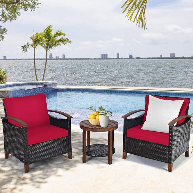 COSTWAY 3PCS Patio Rattan Furniture Set, Outdoor Solid Wood Frame Cushion Sofa with Round Table for Garden Porch Backyard Poolside (Red)