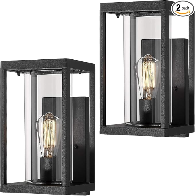 Beionxii Dusk to Dawn Outdoor Wall Lights, Modern Exterior Wall Sconces Porch Lantern, Black Cast Aluminum w/Clear Cylinder Glass - A291W-2PK