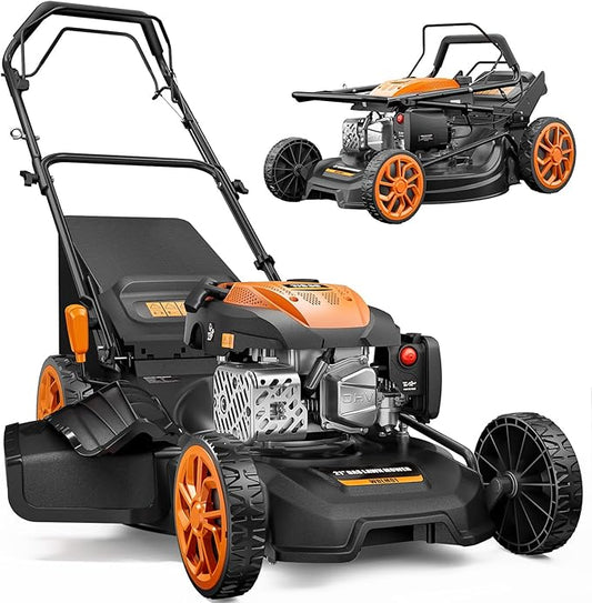 21-Inch Gas Lawn Mower Self Propelled, 170CC 4-in-1 Mulch/Rear Bag/Side Discharge/Rear Discharge, 7-Position Cutting Height, Foldable Gas Powered Lawn Mowers with Bag, Walk-Behind Gas Lawnmower
