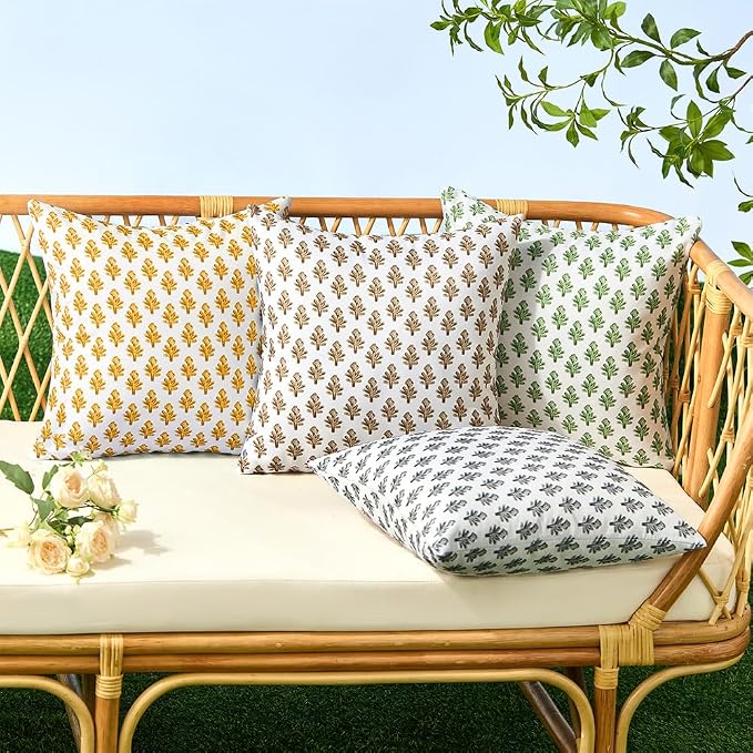 Outdoor Pillow Covers 18x18 Set of 2 Boho Yellow Floral Accent Print Decorative Throw Pillow Cases for Outdoor Waterproof Patio Furniture Garden Porch Sofa Bed Cushion Covers Home Decor JB005-G18