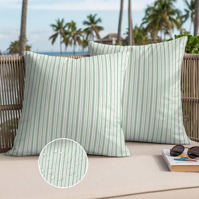 Green Vertical Stripes Waterproof Outdoor Pillow Covers Set of 2 Home Decor, Spring Pinstripes Apricot Lines Pillowcase Patio Pillow Covers for Couch Bench Patio Furniture Garden 24x24in