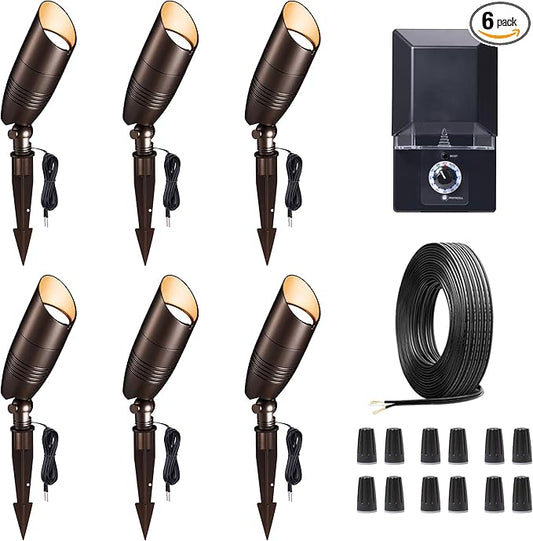 Landscape Light Kit, 6 Pack 3CCT Selectable Spot Light and 100W Low Voltage Transformer and 100FT Cable and 30 Wire Connectors, Aluminum ORB Waterproof LED Uplight for Garden Flag Wall