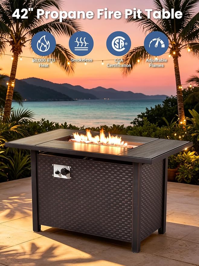 9-Piece Outdoor Patio Furniture Set with Fire Pit Table, Outdoor Conversation Wicker Sofa with Swivel Chairs, Rattan Couch with Coffee Table for Deck, Backyard, Poolside (Dark Grey)