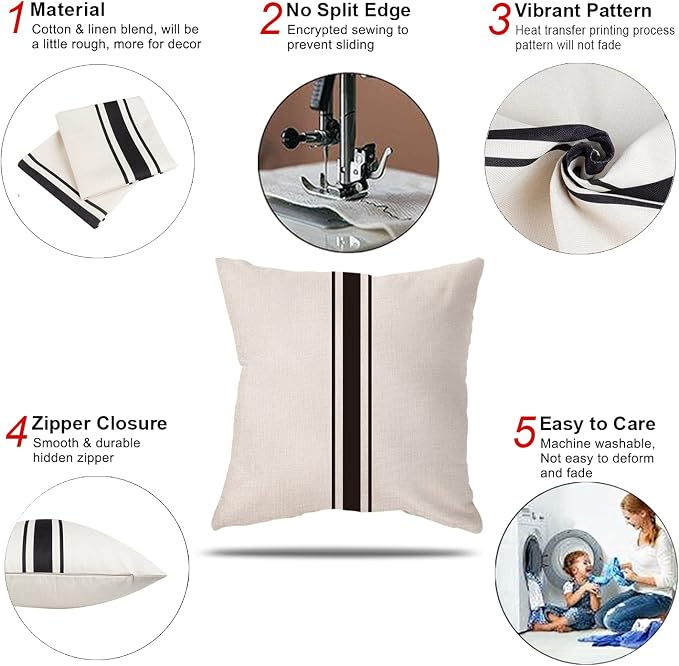 ONWAY Outdoor Pillow Covers Waterproof 18x18 Set of 2 Decorative Linen Throw Pillow Cover Beige and Black Striped Outdoor Pillows for Patio Furniture