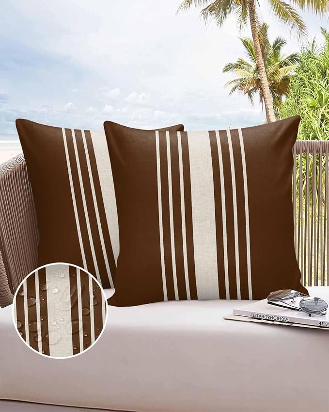 Vandarllin Outdoor Throw Pillows Covers 16x16 inch Set of 2 Waterproof Brown Vertical Stripes Decorative Zippered Cushion Covers for Patio Furniture, Classic Striped Linen Lumbar Pillowcases