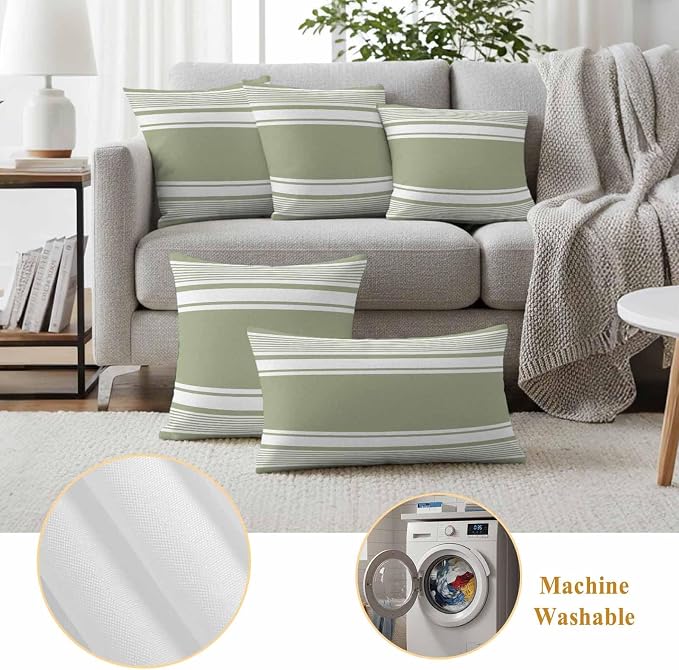 Outdoor Waterproof Throw Pillow Covers, Sage Green Striped Decorative Pillow Cases, Modern Color Block Farmhouse Stripes Couch Pillow Protector Patio Sofa Cushion Covers Replacement 20"x20" 2 Pack
