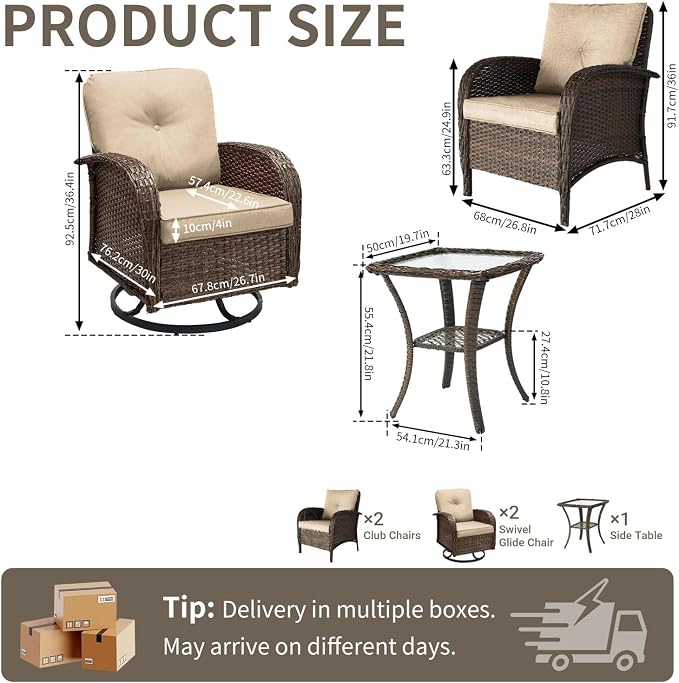 All Weather Patio Furniture Set, High Back Swivel Rocker Glider Chairs，Ottomans & Glass Tables, Outdoor Conversation Set for Deck Porch Yard Poolside (Brown, 5PCS-Swivel Chairs&Chairs&Table)