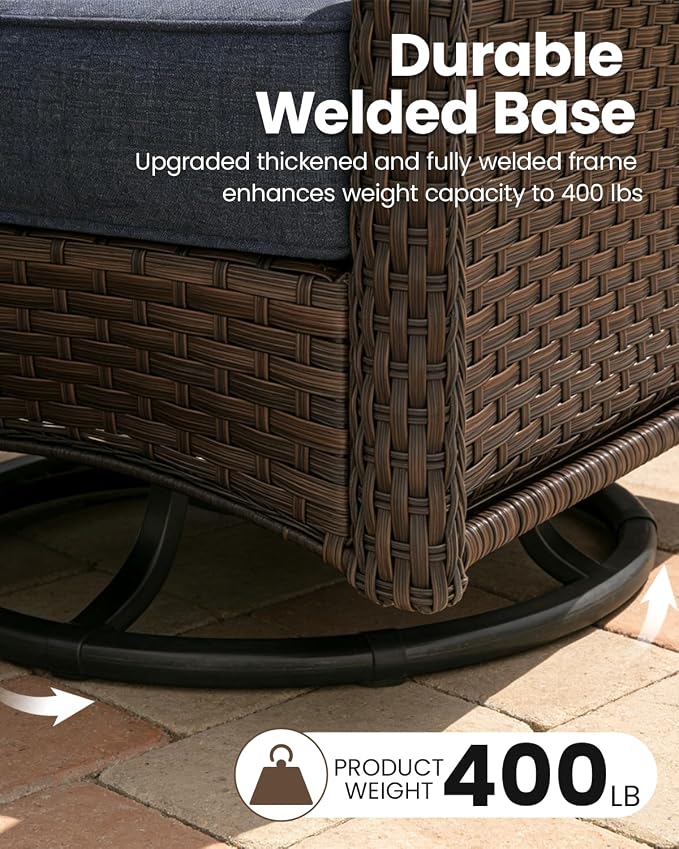5 Pieces Outdoor Furniture Set with 6-inch Cushions, High Back Wicker Swivel Rocker Chairs with Fire Pit Table, Luxury Conversation Set for Deck Patio and Poolside