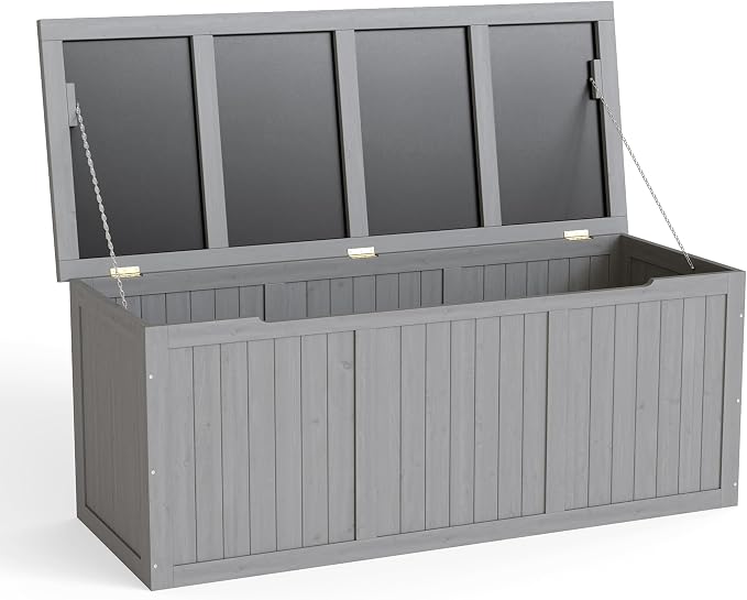 112 Gallon Outdoor Wooden Deck Box Solid Wood Storage Box Seat Table Top for Patio Furniture Cushions, Pool Toys Garden Tools