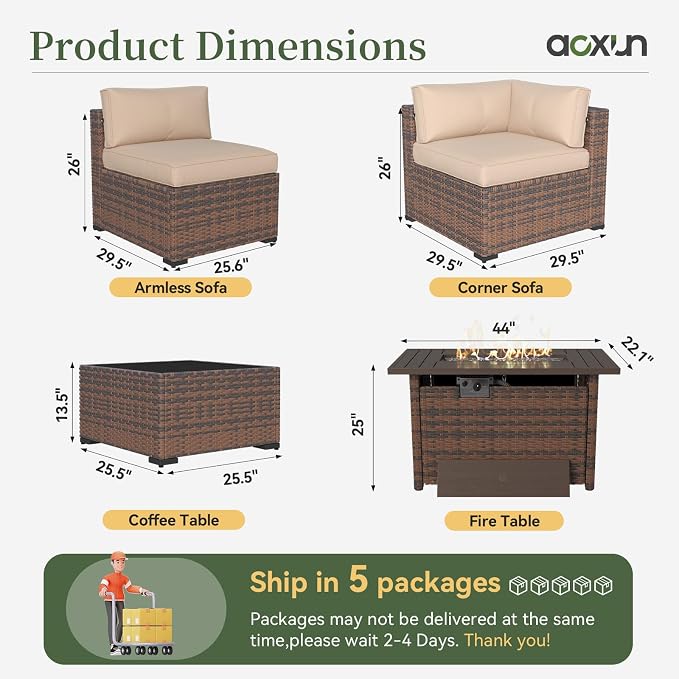 Aoxun 15 Piece Patio Furniture Set with 44” Fire Pit Table Wicker Rattan Outdoor Sectional Sofa Set with Coffee Table and Thickened Cushions, Beige