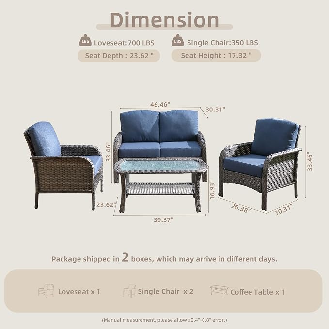CAODOC 4-Piece Wicker Patio Furniture Set, All-Weather Rattan Conversation Bistro Loveseat Chair and Table Set for Backyard, Balcony and Deck with Soft Cushions and Metal Table(Blue)