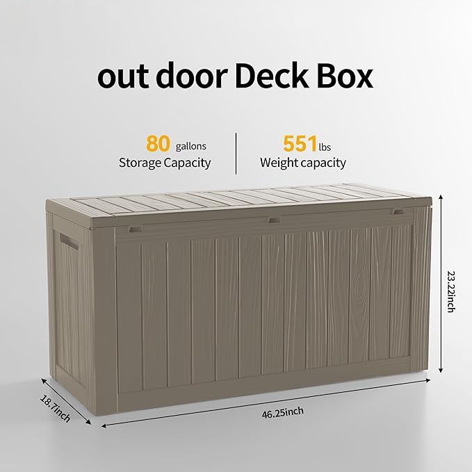 Outdoor Storage Box, 80 Gallon Resin Deck Box Waterproof for Patio Furniture, Garden Tools and Pool Accessories, Lockable UV-Resistant Storage Bin Bench Cabinet for Outside, Gray