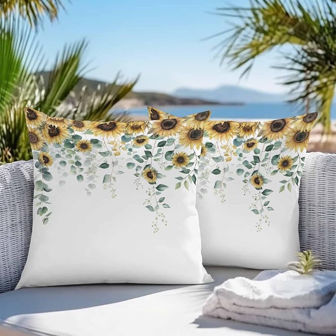 Vandarllin Outdoor Throw Pillows Covers 26x26 inch Set of 2 Waterproof Green Eucalyptus Leaves Decorative Zippered Cushion Covers for Patio Furniture, Watercolor Sunflower Lumbar Pillowcases