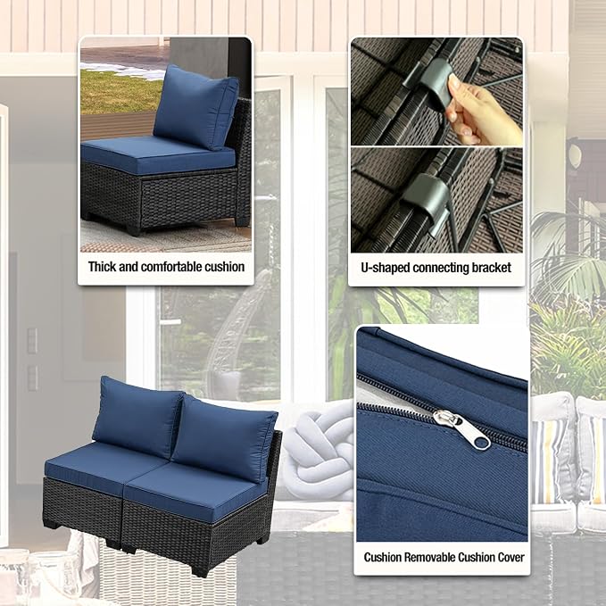 JOYURE 2 Pieces Patio Furniture Set, Outdoor Sofa with Waterproof Cushions, Rattan L Shaped Patio Couch, Modern Outdoor Furniture for Backyard, Deck, Balcony – Navy