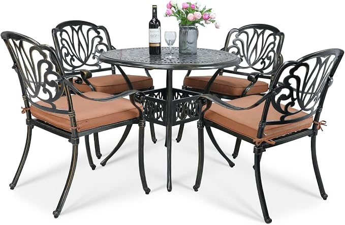 VIVIJASON 5-Piece Outdoor Patio Dining Set, All-Weather Cast Aluminum Conversation Set, Patio Furniture Set for Balcony Lawn Garden, Include 4 Cushioned Chairs, a 35.4 inch Round Table w/Umbrella Hole