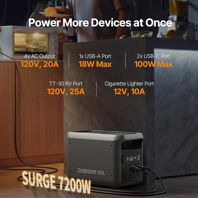 DABBSSON Portable Power Station 3000L, 3072Wh Semi-Solid LiFePO4 Battery, 3000W AC Output 6, 3600W Power Boost, Fast Charge, Solar Generator for Home Backup, Camping & RVs (Solar Panel Optional)