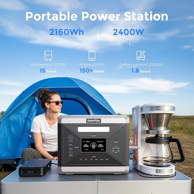 SolarPlay 2400W Portable Power Station, Solar Generator 2160Wh with LFP Battery, 1.5Hrs Fast Charging Emergency Power Station for Camping RV Home (Solar Panel Optional)