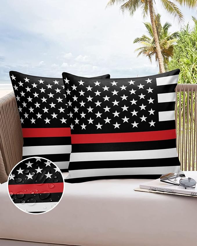 Outdoor Waterproof Pillow Covers Set of 2, Thin Red Line Flags American Firefighter Red Stripes Flag Patio Throw Pillow Covers, Decorative Cushion Case for Couch Sofa Furniture Garden, 24x24 Inch