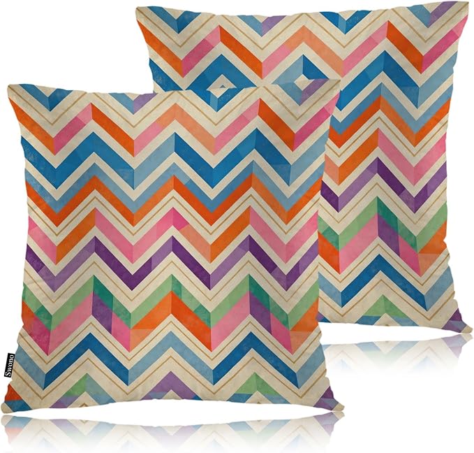 Swono Chevron Stripes Set of 2 Square 18x18 Inch Throw Pillow Cover Rainbow Zig Zag Herringbone Waves Soft Pillowcases Pillow Cushion Covers for Home Sofa Couch Bench Living Room Car Decoration