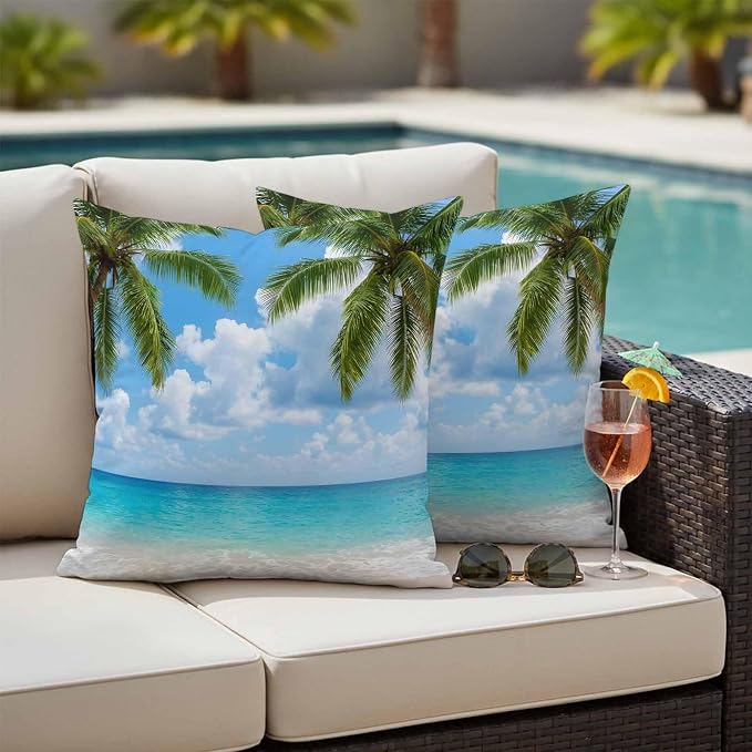 Yukro Tropical Beach Outdoor Waterproof Pillow Covers Pack of 2, Starfish Palm Tree Sky Coastal Throw Pillowcases Decorative Cushion Covers for Garden Patio Tent Sofa Couch, 26x26 inch