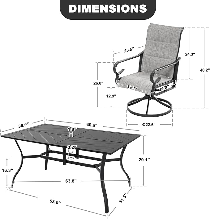 NUU GARDEN 7-Piece Outdoor Dining Set, Outdoor Table and Chair Set with Umbrella Hole, Padded Textilene Dining Table Set, All Weather Outdoor Table and Chairs for 6, Swivel Design, Light Gray