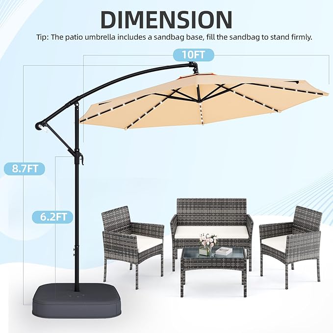 EROMMY 10FT 40-LED Solar Lighted Patio Umbrella with Base Included, Outdoor Offset Cantilever Umbrella, Infinite Tilt, Crank and Cross Base, UV Protection for Backyard, Lawn, Garden & Pool