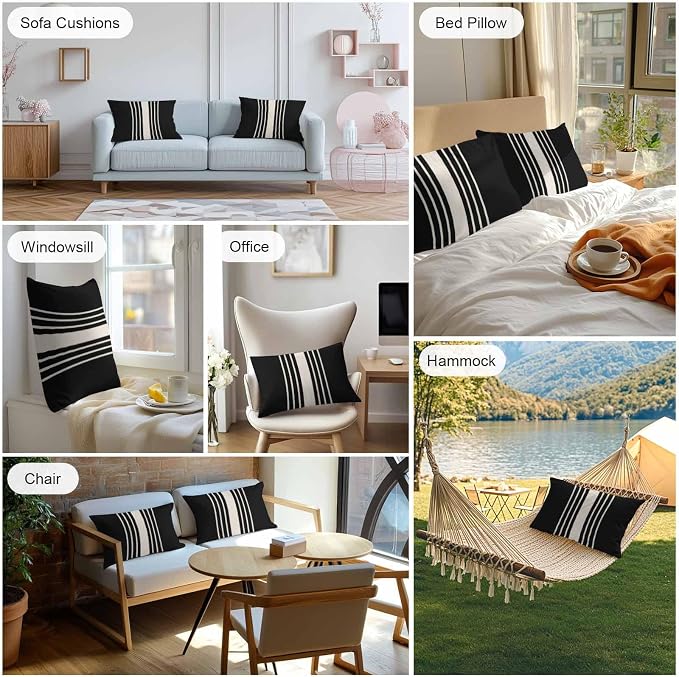 Black Beige Striped Outdoor Pillow Covers 20x12 Inch Lumbar Pillow Covers Set of 2 Waterproof Decorative Throw Pillow Cases Modern Farmhouse Retro Lines Cushion Covers for Patio Furniture Garden Couch