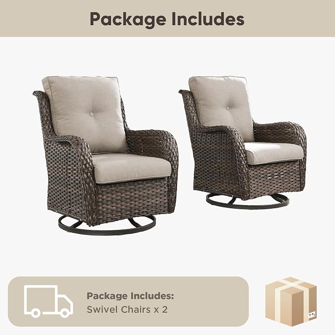 Belord Outdoor Swivel Chairs Set of 2,Patio Wicker Rocker Chairs,All Weather Patio Conversation Furniture Set, Ideal for Porch Balcony Deck Yard, Brown Wicker/Beige