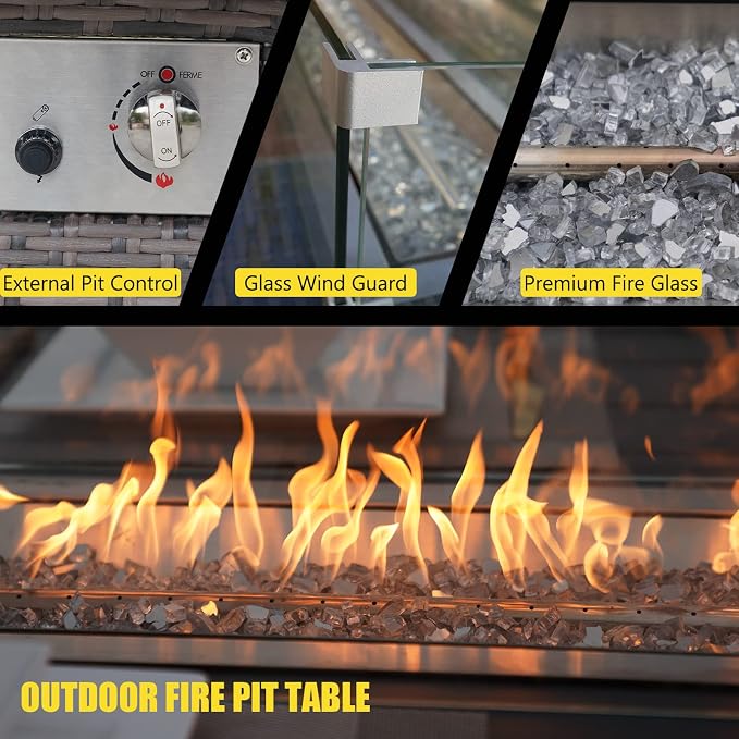 Abrihome® 7 Piece 6-Seat PE Rattan Wicker Outdoor Patio and Garden Rectangular Fire Pit Dining Table Set (Glass Tabletop)