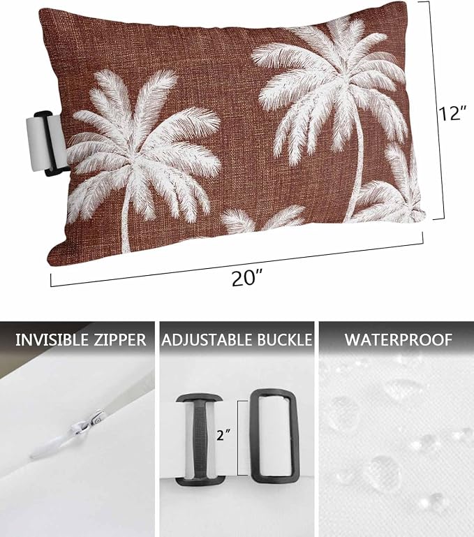 Pack of 4 Outdoor Lumbar Pillow Covers 12x20 Inch, Brown Palm Trees Waterproof Throw Pillow Covers Set, Farmhouse Tropical Summer Beach Indoor&Outdoor Decorative Cushion Cases for Patio Porch Car
