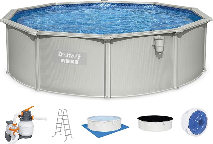 Bestway Hydrium 15' x 48" Above Ground Pool, Round Steel Side Wall Frame Outdoor Swimming Pool Set with Sand Filter Pump, Ladder & Accessories